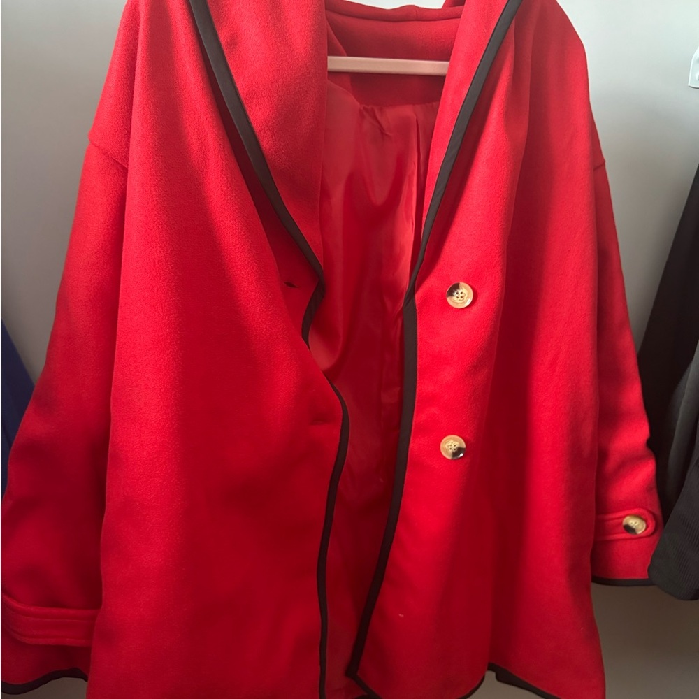 Elegant Red Women's Coat with Black Trim